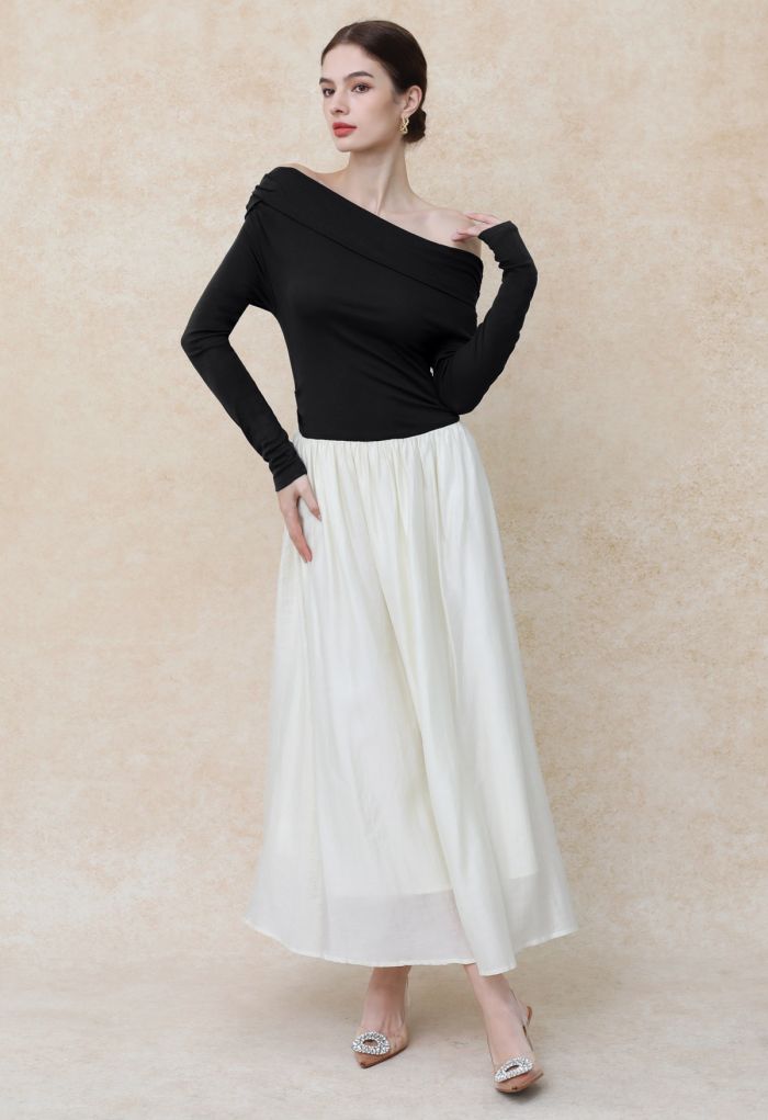 Folded Slant Shoulder Spliced Maxi Dress in Black