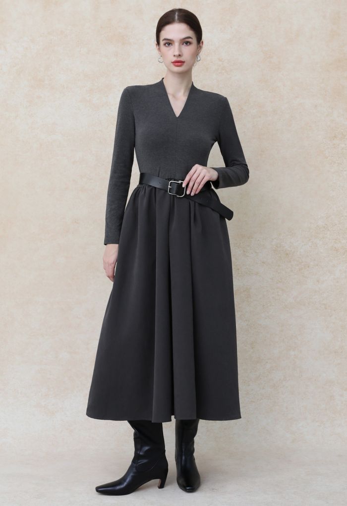 Sedate V-Neck Spliced Belted Midi Dress in Smoke
