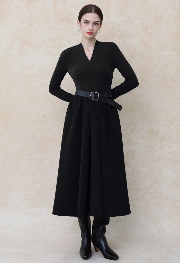 Sedate V-Neck Spliced Belted Midi Dress in Black