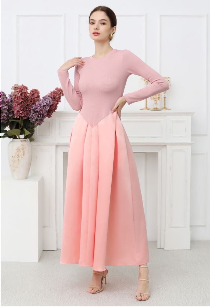 Long Sleeve Panel Pleated Satin Maxi Dress in Pink