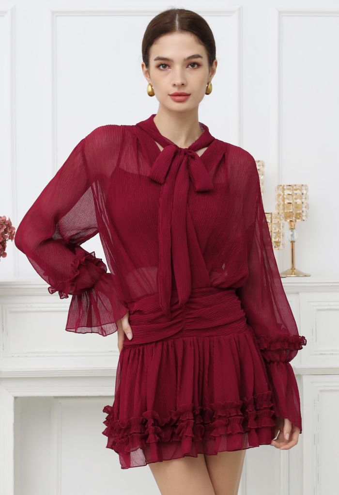 Tie-Bow Faux-Wrap Ruffle Mini Dress in Burgundy