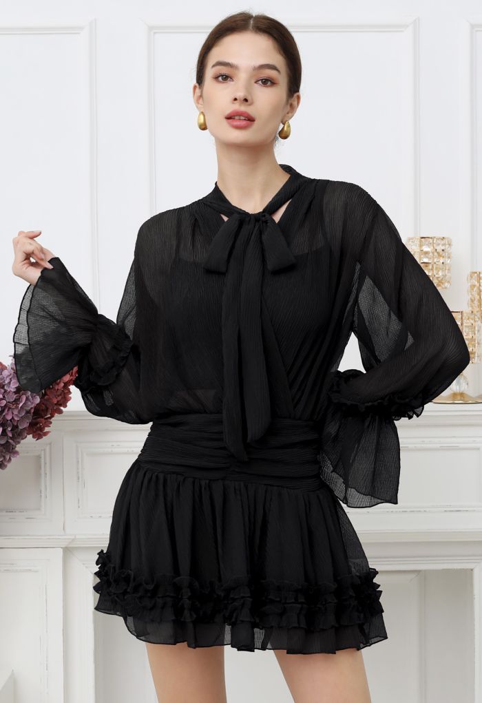 Tie-Bow Faux-Wrap Ruffle Mini Dress in Black