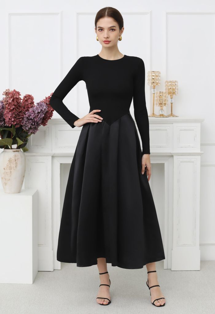 Long Sleeve Panel Pleated Satin Maxi Dress in Black