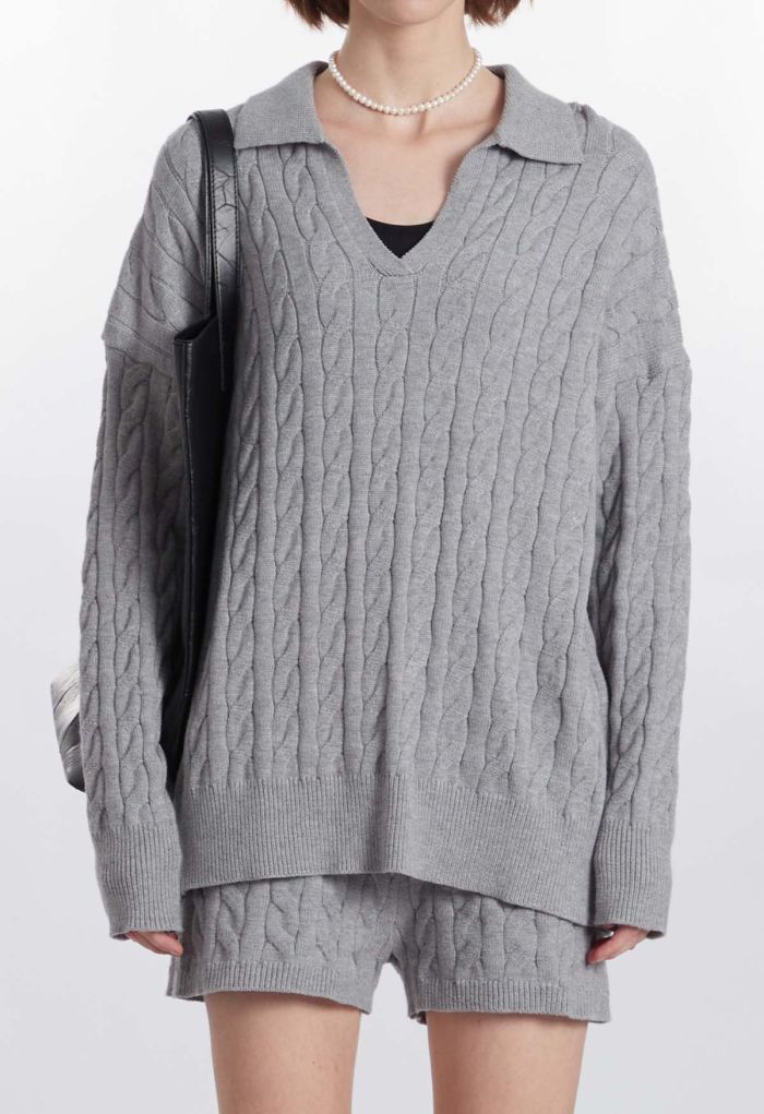 Polo V-Neck Cable Knit Sweater in Grey