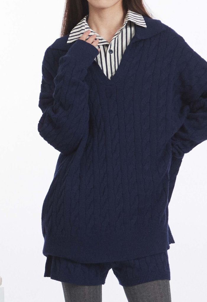 Polo V-Neck Cable Knit Sweater in Navy