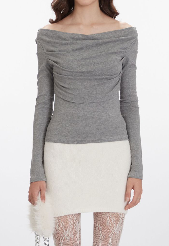 Ruched Front Off-Shoulder Long Sleeve Top in Grey