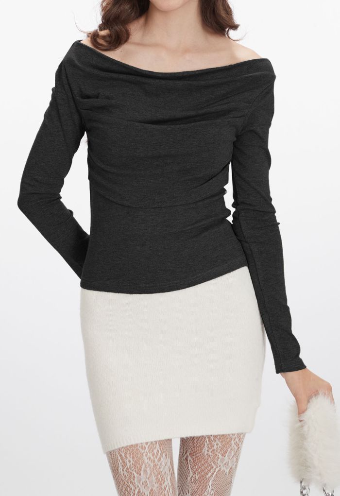 Ruched Front Off-Shoulder Long Sleeve Top in Black
