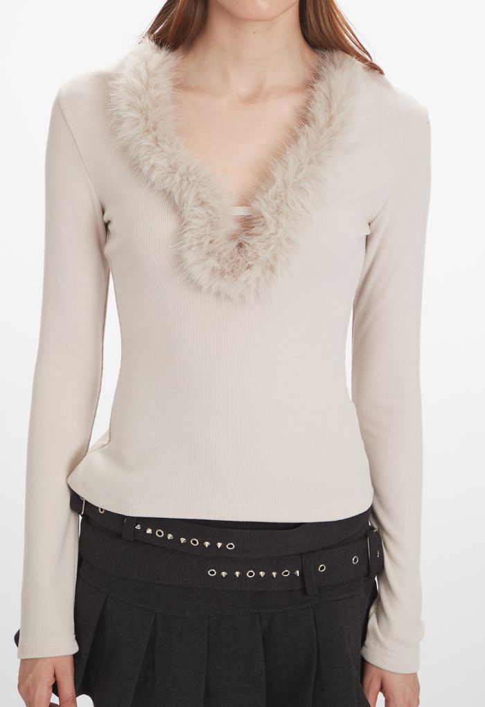 Fuzzy Plunge V-Neck Fitted Top in Ivory