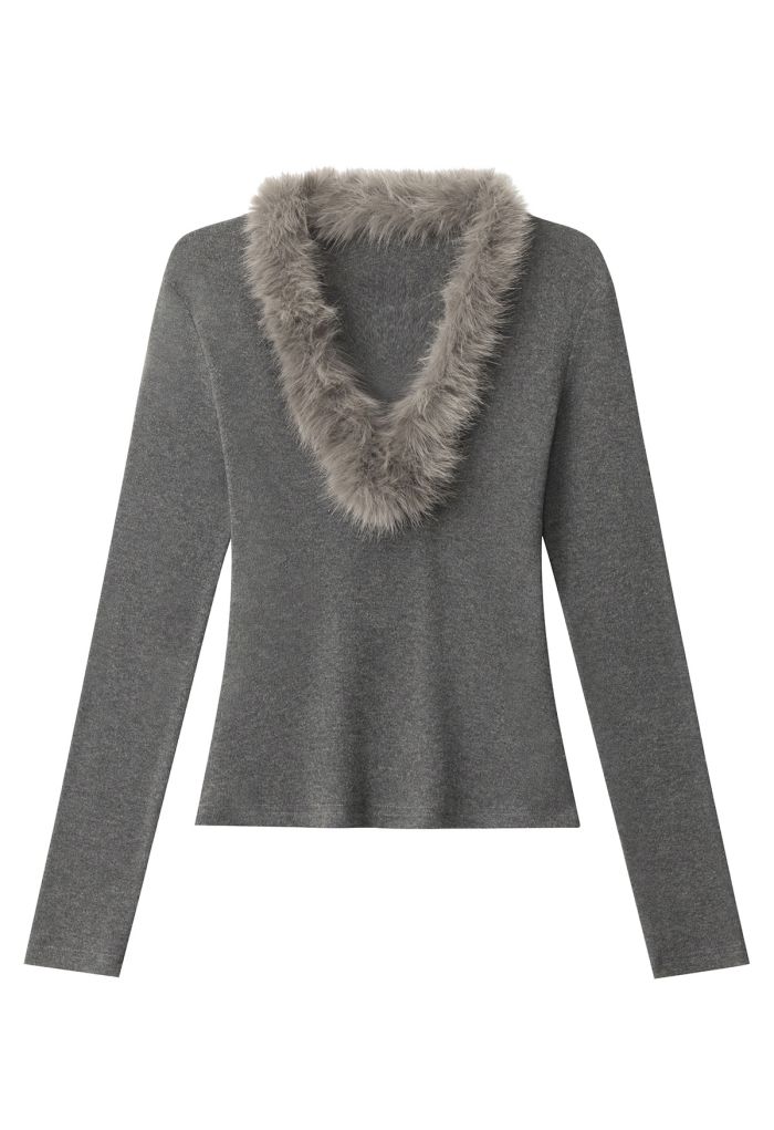 Fuzzy Plunge V-Neck Fitted Top in Smoke