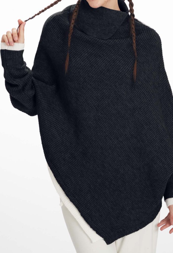 Flap Collar Asymmetric Hem Ribbed Poncho in Black