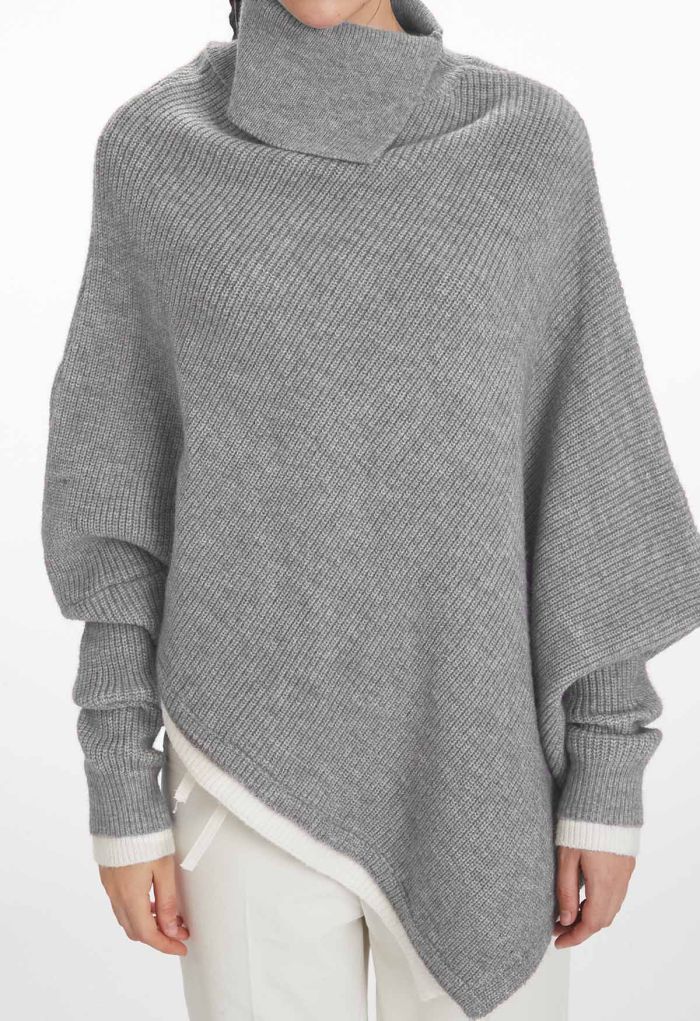 Flap Collar Asymmetric Hem Ribbed Poncho in Grey