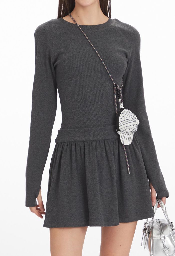 Minimalist Long Sleeve Pleated Mini Dress in Smoke