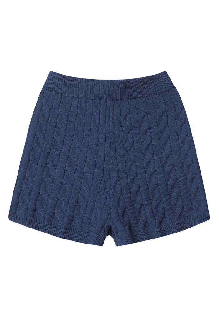 Preppy Style Cable Knit Shorts in Navy