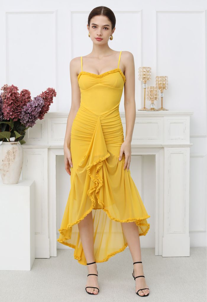 Asymmetric Ruffle Hem Ruched Mesh Cami Dress in Yellow