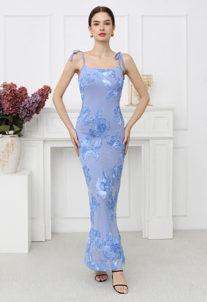 Tapework Lace Flower Tie-Shoulder Mesh Cami Gown in Baby Blue