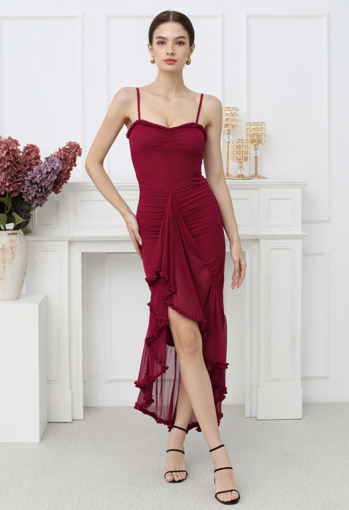 Asymmetric Ruffle Hem Ruched Mesh Cami Dress in Red