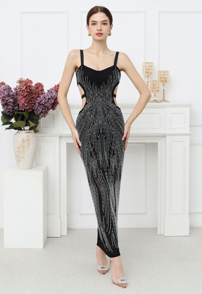 Rhinestone Embellished Cut Out Mesh Cami Gown