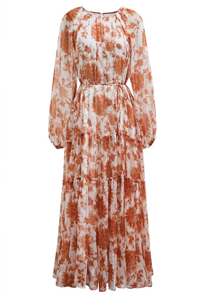 Serene Bloom Puff Sleeve Ruffle Chiffon Maxi Dress in Orange