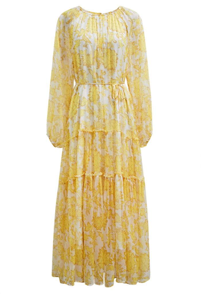 Serene Bloom Puff Sleeve Ruffle Chiffon Maxi Dress in Yellow