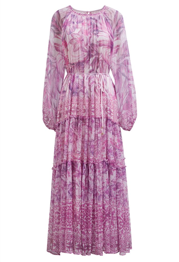Wild Tropic Puff Sleeve Ruffle Chiffon Maxi Dress in Lavender