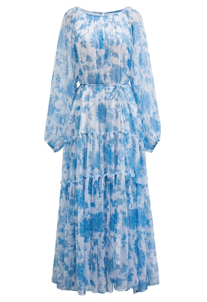 Serene Bloom Puff Sleeve Ruffle Chiffon Maxi Dress in Blue