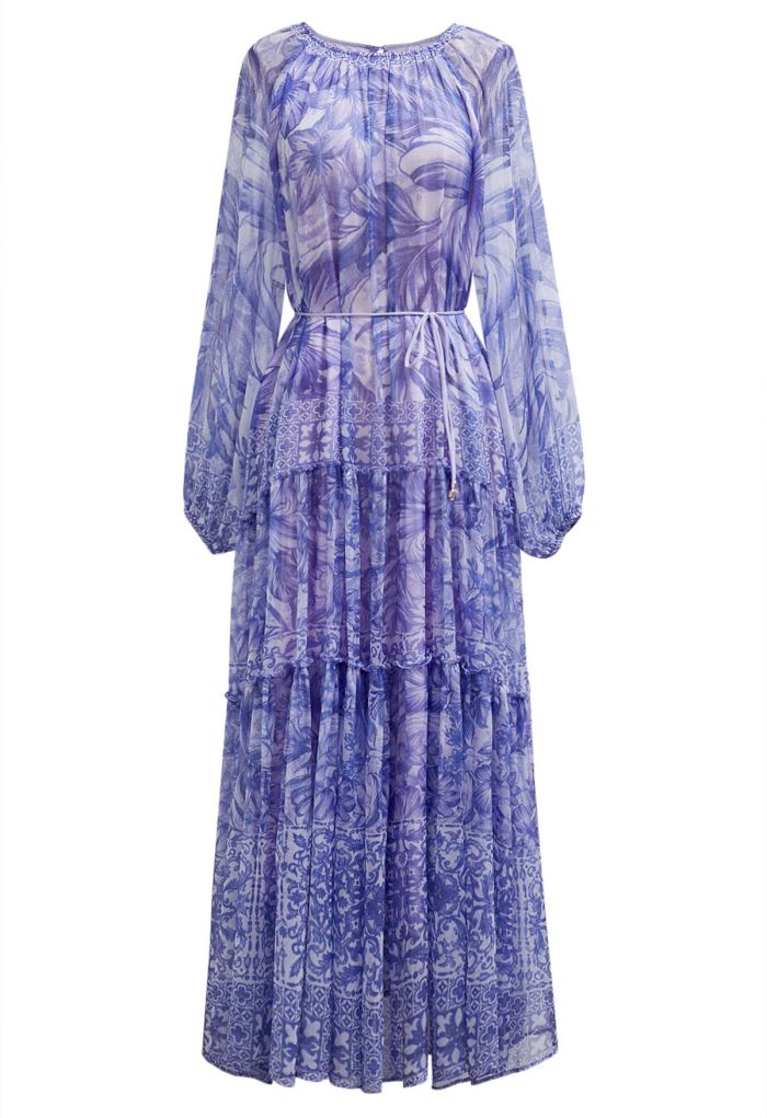 Wild Tropic Puff Sleeve Ruffle Chiffon Maxi Dress in Purple
