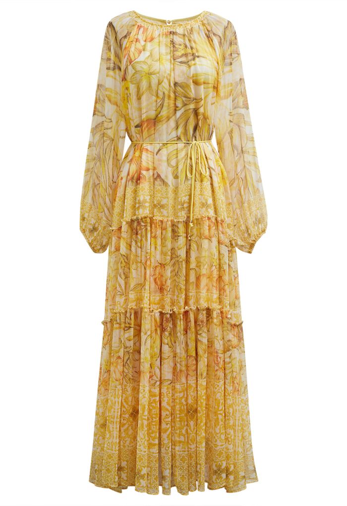 Wild Tropic Puff Sleeve Ruffle Chiffon Maxi Dress in Yellow