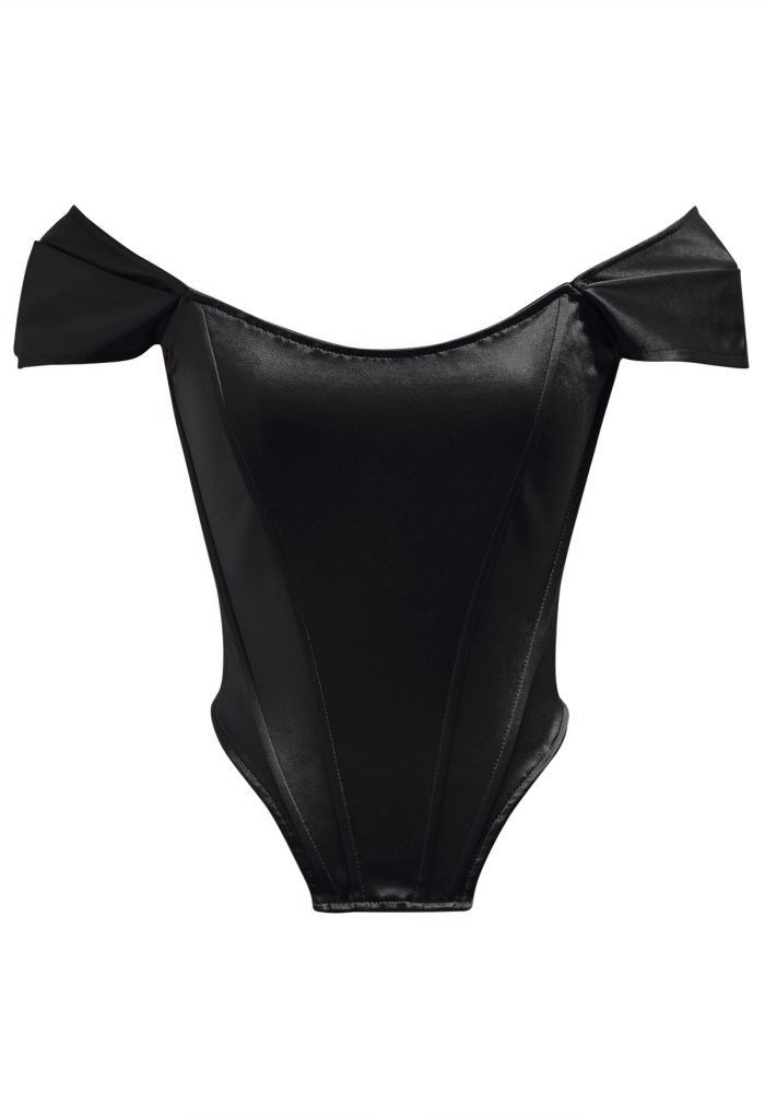 Off-Shoulder Sheen Satin Bustier Top in Black