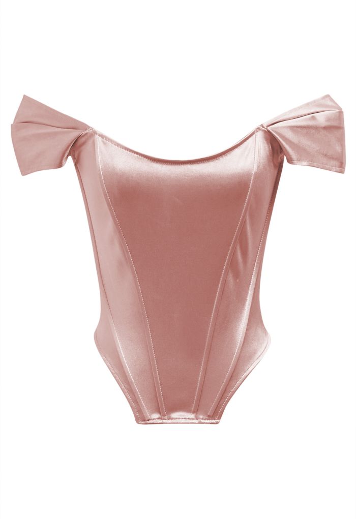Off-Shoulder Sheen Satin Bustier Top in Dusty Pink