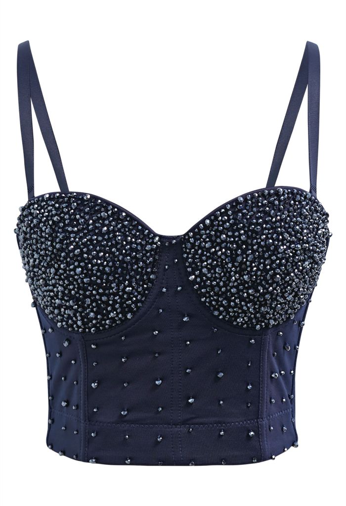 Rhinestone Embellished Corset Push-Up Bra Top in Navy