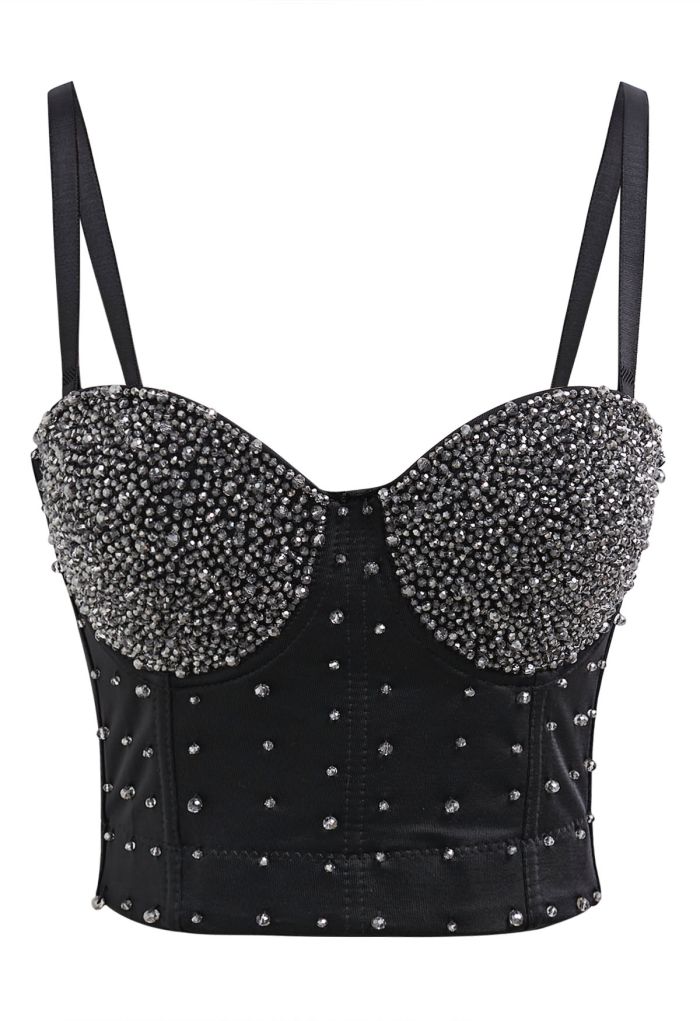 Rhinestone Embellished Corset Push-Up Bra Top in Black