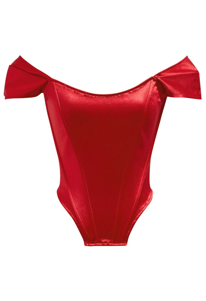 Off-Shoulder Sheen Satin Bustier Top in Red