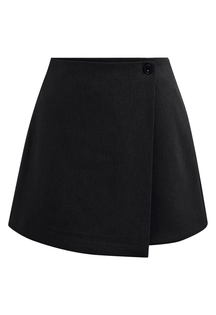 Modern Flap Front Buttoned Mini Bud Skirt in Black