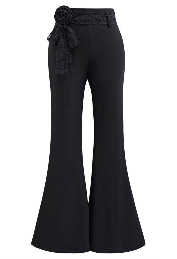 Decorative Rose Lace Sash Flare Leg Pants