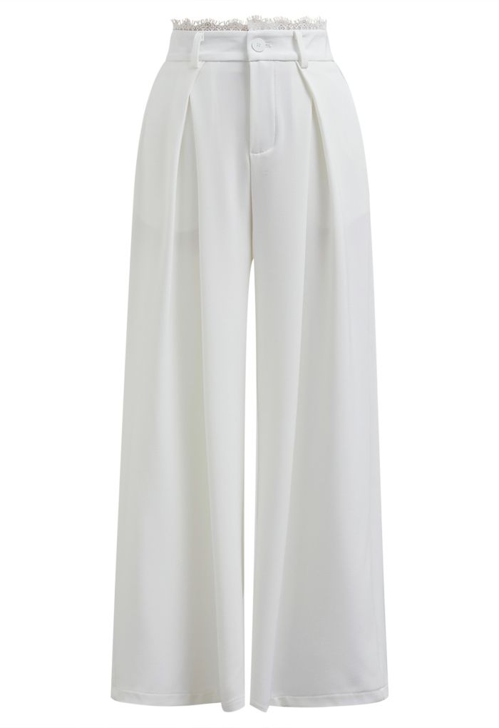 Lacy Waist Side Pocket Wide-Leg Pants in White