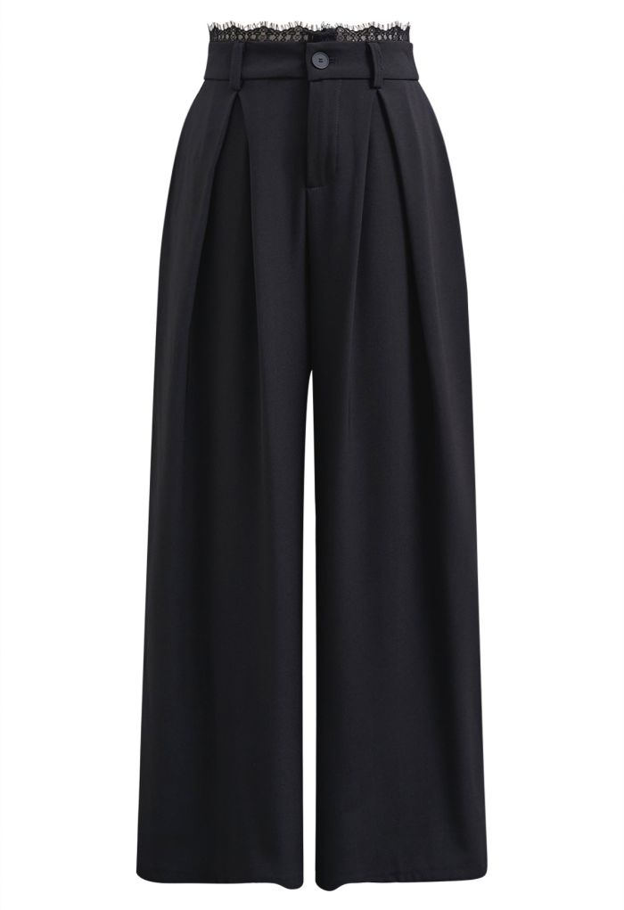 Lacy Waist Side Pocket Wide-Leg Pants in Black