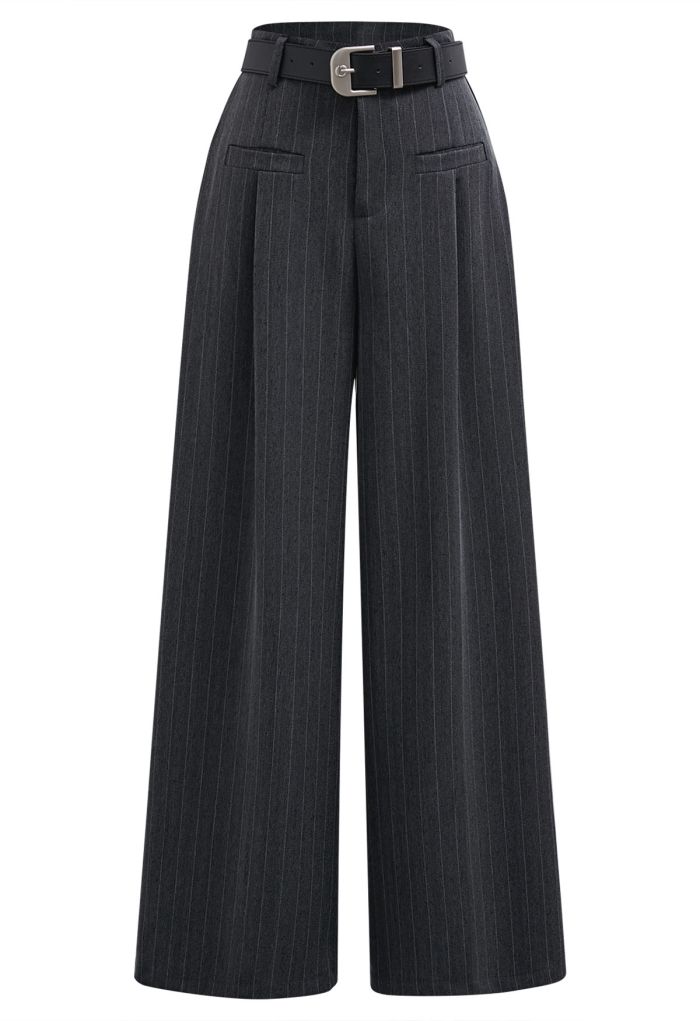 Smart-Casual Pinstripe Belted Tailored Pants in Smoke
