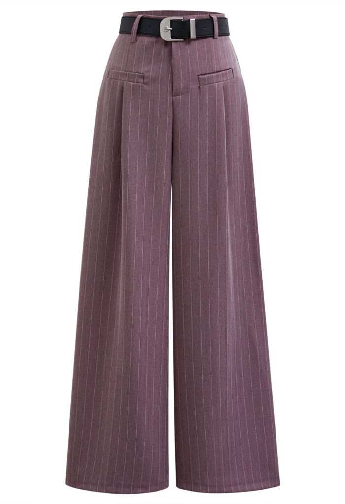 Smart-Casual Pinstripe Belted Tailored Pants in Plum