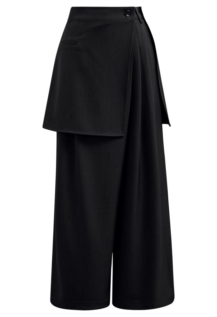 Removable Sarong Pleat Wide-Leg Pants in Black