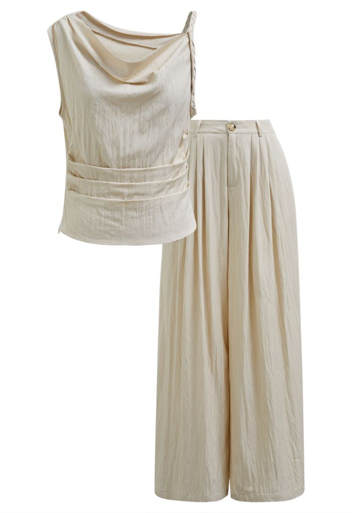 Asymmetric Shoulder Ruched Top and Wide-Leg Pants Set in Cream