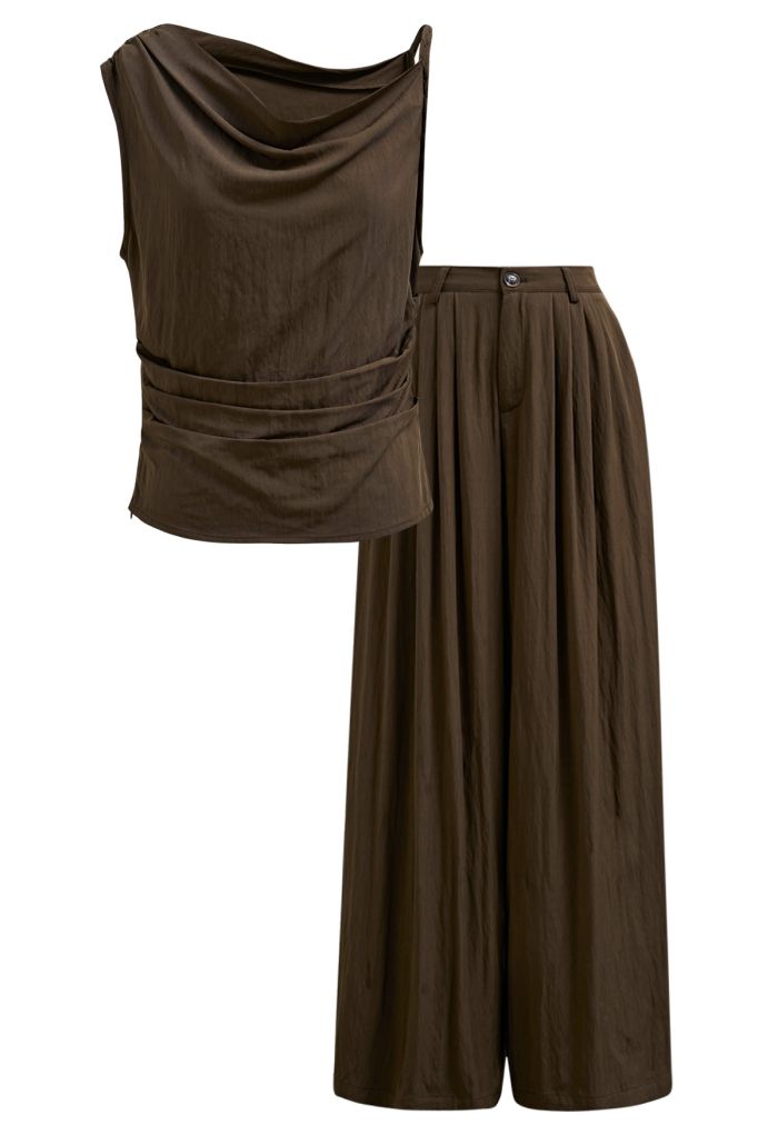 Asymmetric Shoulder Ruched Top and Wide-Leg Pants Set in Brown
