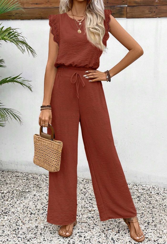 Crochet Sleeveless Top and Drawstring Pants Set in Rust