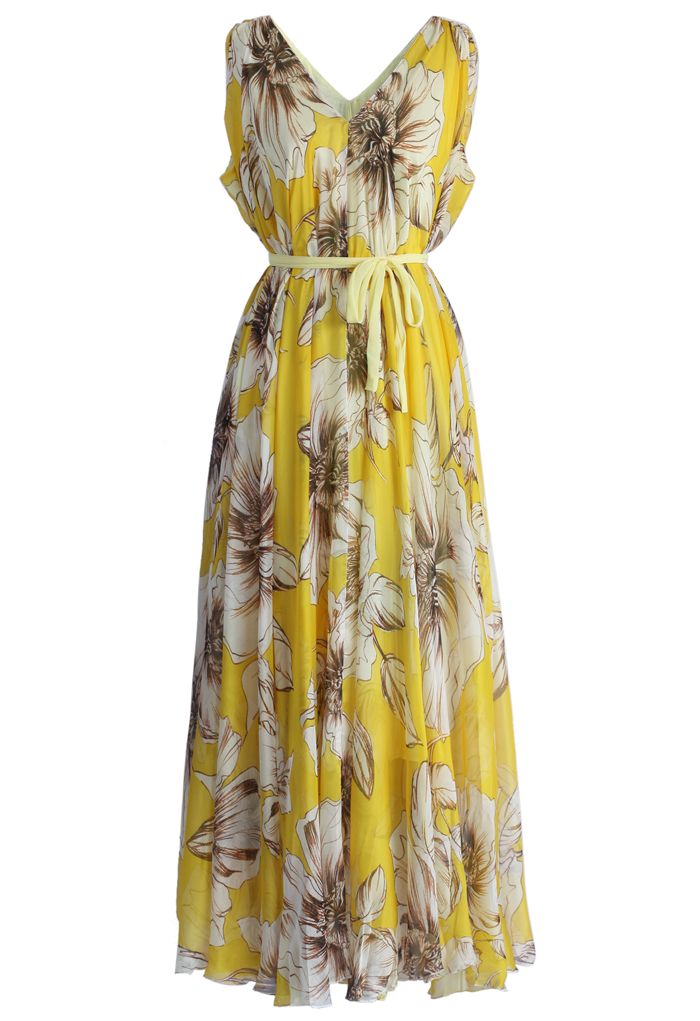 Marvelous Floral Chiffon Maxi Dress in Yellow 