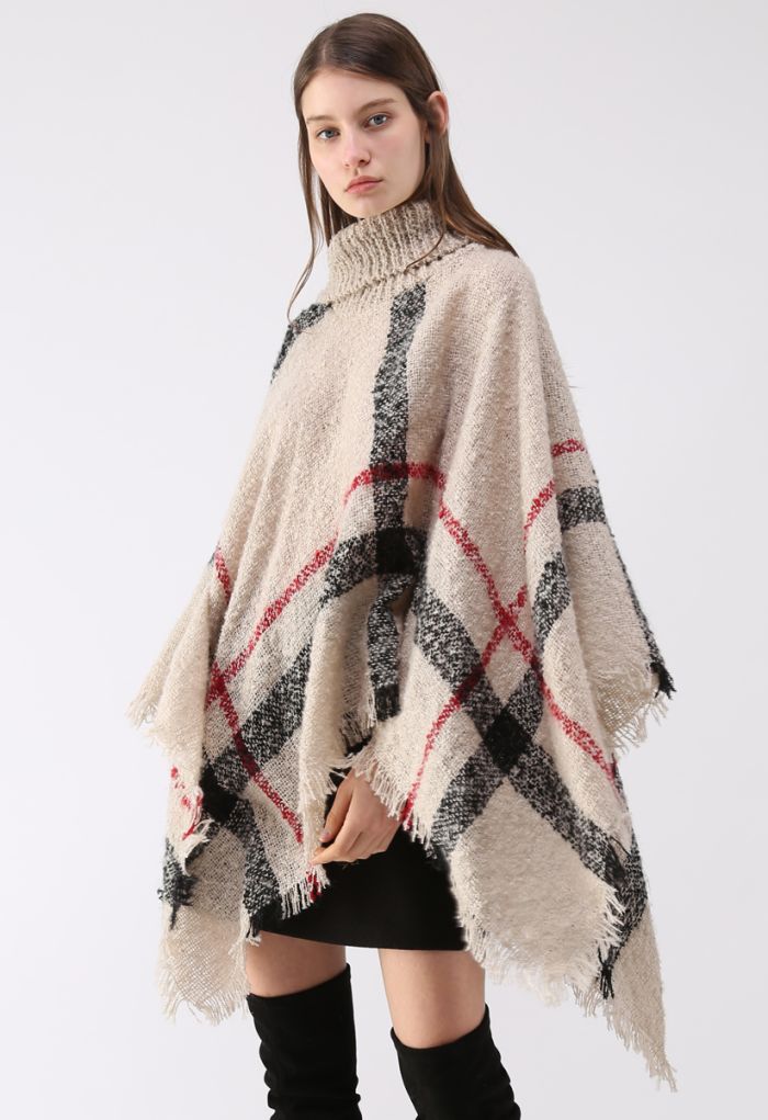 Unstoppably Charming Stripe Shaggy Knit Cape in Light Tan