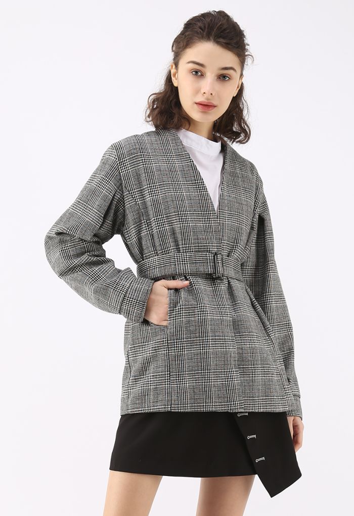 Modern Refined Check Tweed Blazer in Grey