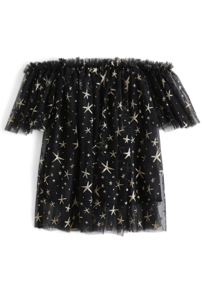 Stars Shining Out Mesh Off-Shoulder Tunic in Black For Kids