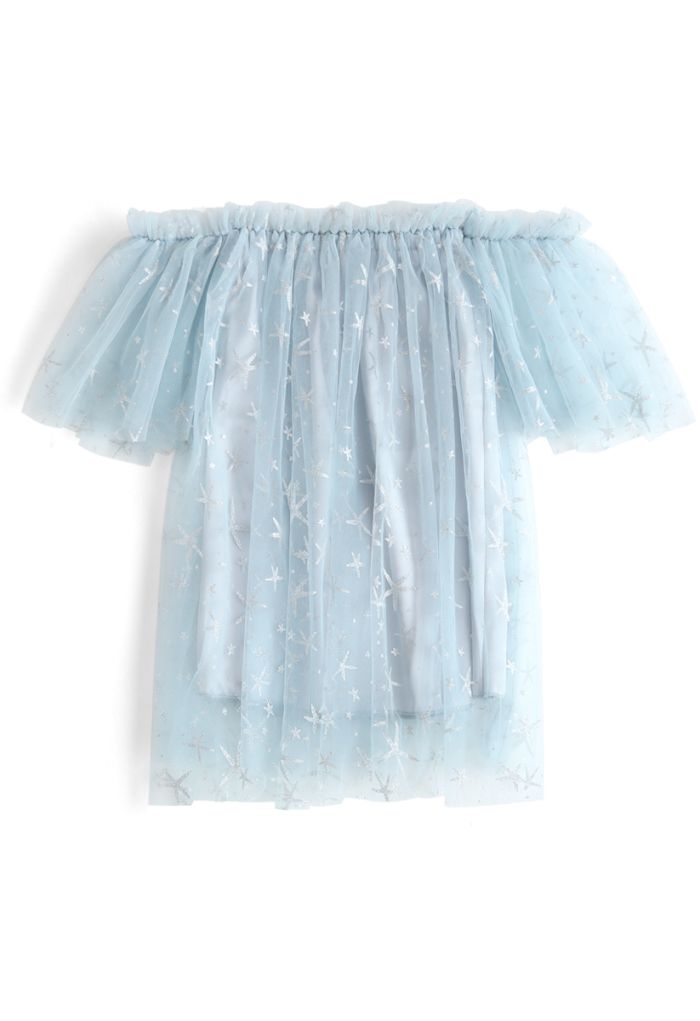 Stars Shining Out Mesh Off-Shoulder Tunic in Light Blue For Kids