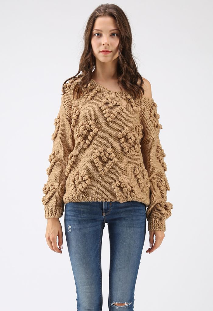 Knit Your Love V-Neck Sweater in Tan