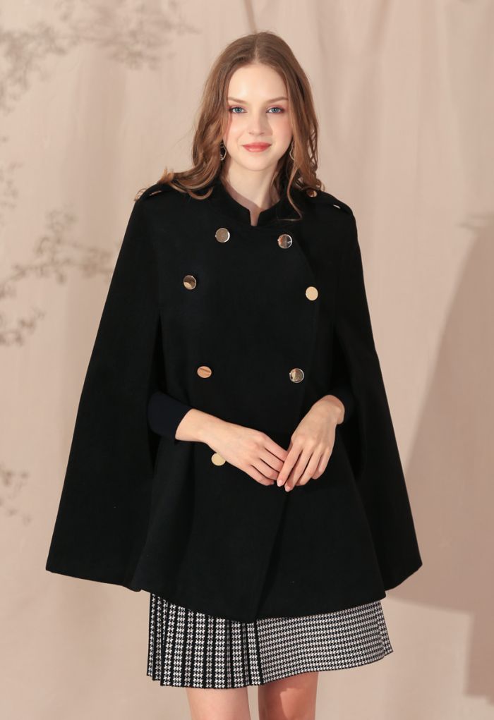 Double-Breasted Cape Coat in Black