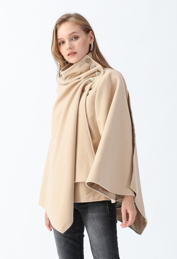 Asymmetric Hem Button Wrap Cape Coat in Light Tan